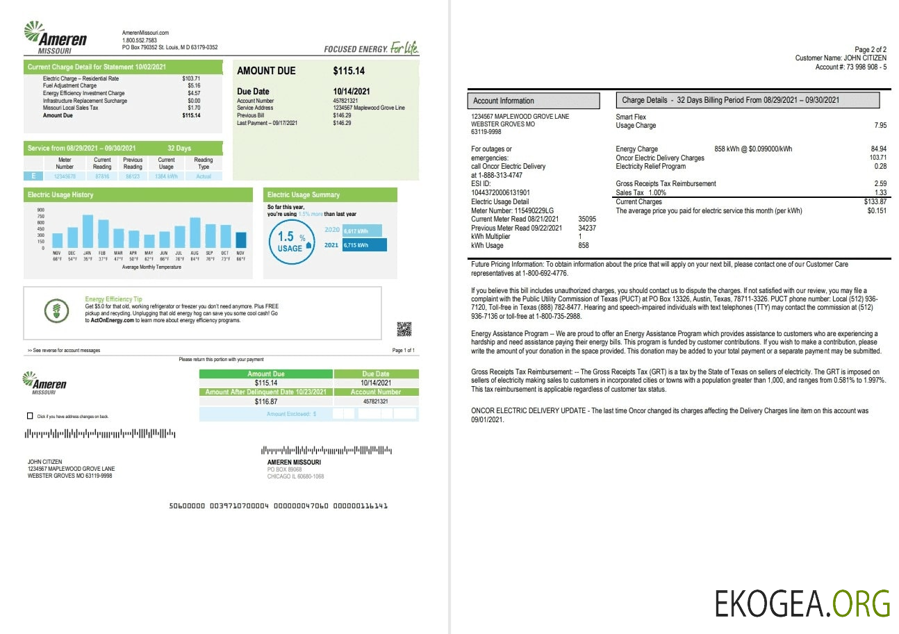 USA Ameren Missouri electricity utility bill template in Word and PDF format (2 pages)